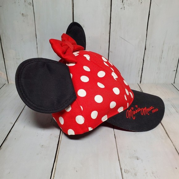 Walt Disney World Minnie Mouse Polka Dot Youth Baseball Cap Hat Ears Bow Red - Picture 2 of 8